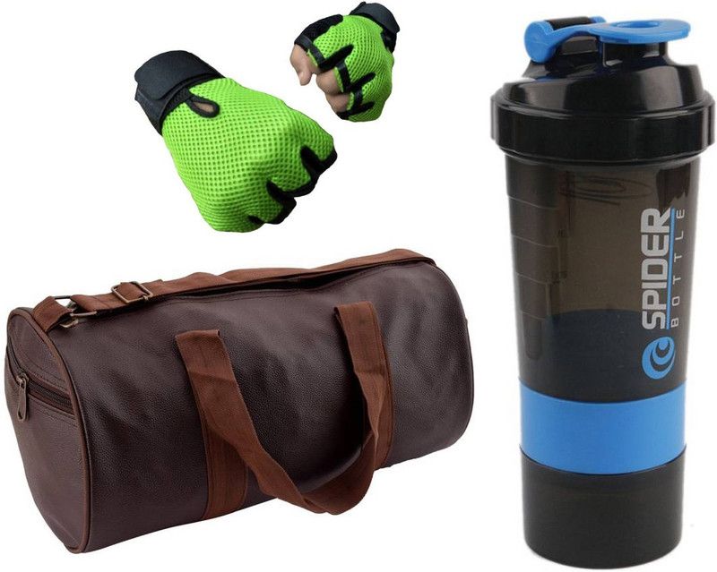 Snipper Combo Of Leatherite Brown Gym Bag with Side Pocket , Green Gloves and Blue Spider Shaker Fitness Accessory Kit Kit