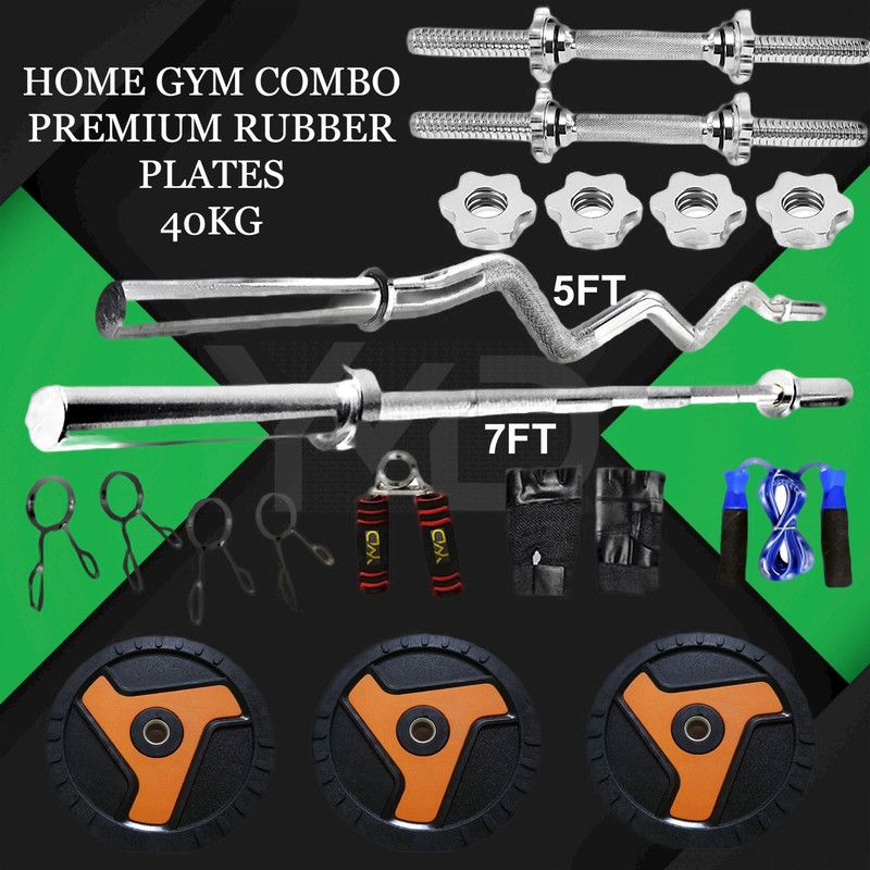 YMD 40 kg Premium Rubber Fan Plates (2.5KGx4, 5KGX6) 5FT Curl & 7FT Straight 28MM Rods Home Gym Combo