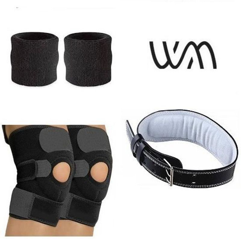 Web Mall Medium Geniune Leather Weight Lifting Belt With One Pair Sweat Bands & One Pair Knee Supprt Unisex Fitness Accessory Kit Kit
