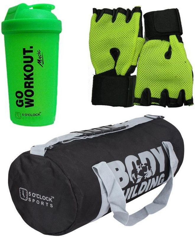 5 O' CLOCK SPORTS Black Body building Gym bag ,Green gloves with Go workout shaker Gym and fitness kit Fitness Accessory Kit Kit