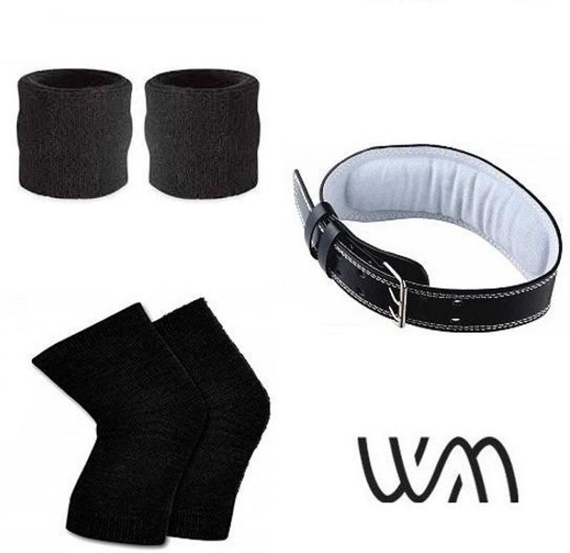 Web Mall Small Geniune Leather Weight Lifting Belt With One Pair Sweat Bands & One Pair Knee Caps Unisex Fitness Accessory Kit Kit