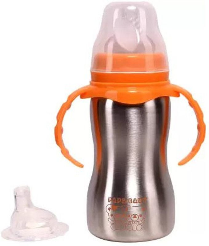 STOCKHAWKERS High Quality Steel 2 in 1 Sipper and Feeding Bottle with Silicone Nipple for Baby 240 ml Sipper  (Pack of 1, Steel/Chrome, Steel)