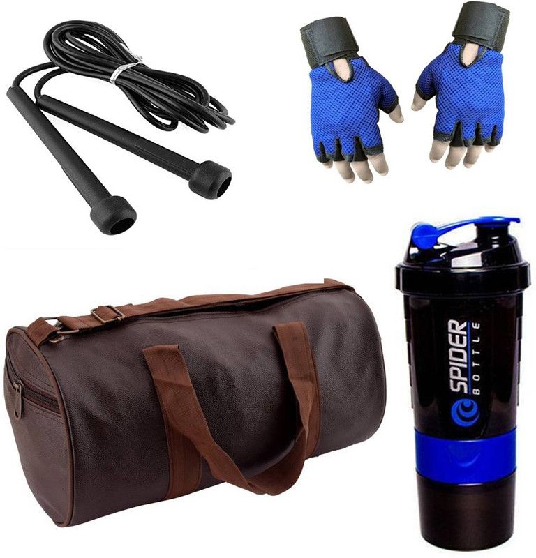 Trending Snipper Combo Of Leatherite (Brown) Gym Bag, Gloves (Blue), Spider Shaker (Blue) And Skipping Rope (Black) Fitness Accessory Kit Kit
