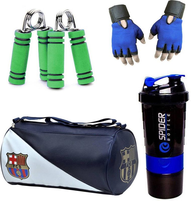 Rocket Sales Combo Of FCB Gym Bag, Gloves (Blue), Spider Shaker (Blue) And Hand Gripper (Green) Fitness Accessory Kit Kit