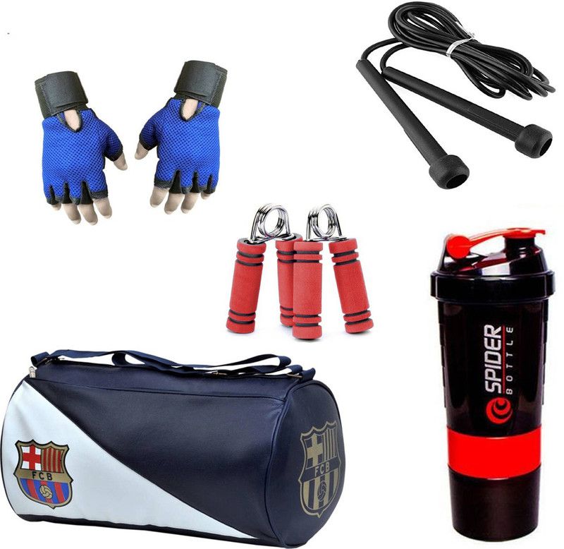 Rocket Sales Combo Of FCB Gym Bag, Gloves(Blue), Spider Shaker(Red), Skipping Rope(Black) And Hand Gripper(Red) Fitness Accessory Kit Kit
