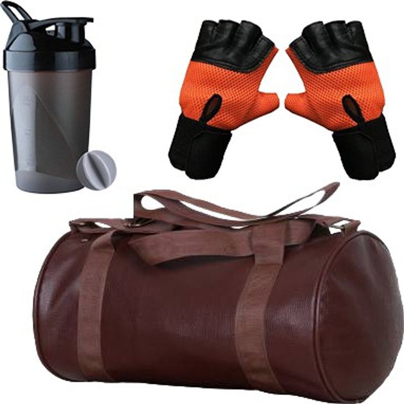 Cp Bigbasket 141 Combo Of Leather Brown Gym Bag, 106 glove, Black Shaker Fitness Accessory Kit Kit