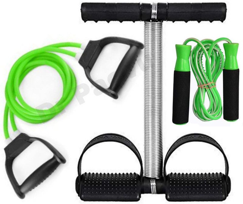 Dr Patra Body Workout Sports Equipments Pack of 3 Workout COMBO | Athletes CHOICE Body Fitness | 1xResistance Band Toning Tube | 1xSkipping Rope | 1xTummy Trimmer |Gym Training, Home Exercise, TRUSTED by DR.- GreyGreenGrn Fitness Accessory Kit Kit