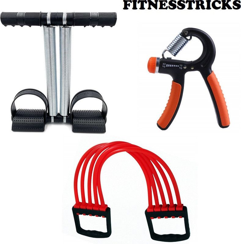 Fitnesstricks 3 In 1 Combo Of Double Spring Tummy Trimmer With Hand Gripper And Chest Expander Fitness Accessory Kit Kit