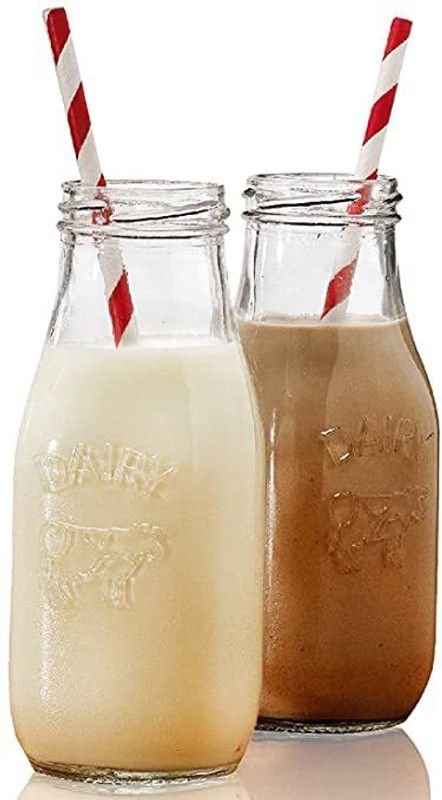 PHALGUNSAKH Glass Mason Jar, Milk Bottle with Reusable Straw with Airtight Twist Lid 400 ml Sipper  (Pack of 2, White, Glass)