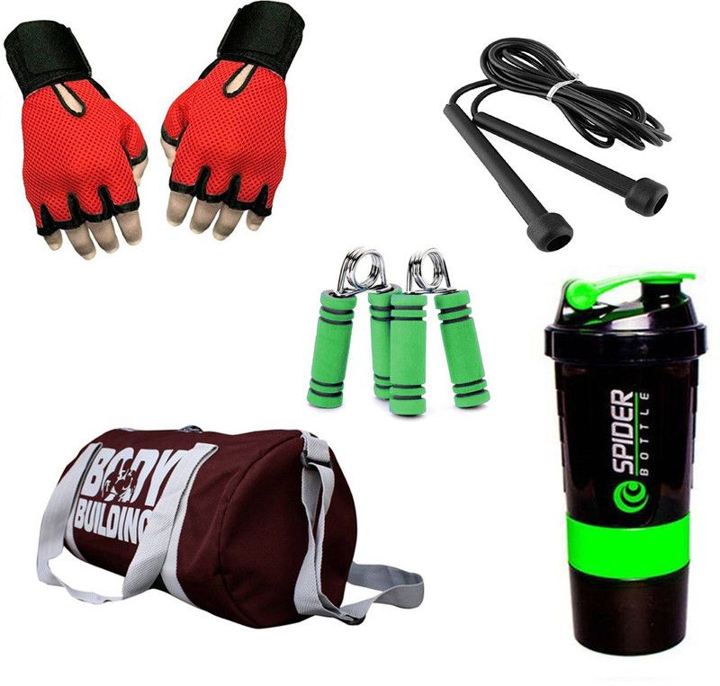 Rocket Sales Combo Of BodyBuilding Gym Bag, Gloves (Red), Spider Shaker (Green), Skipping Rope (Black) And Hand Gripper (Green) Fitness Accessory Kit Kit