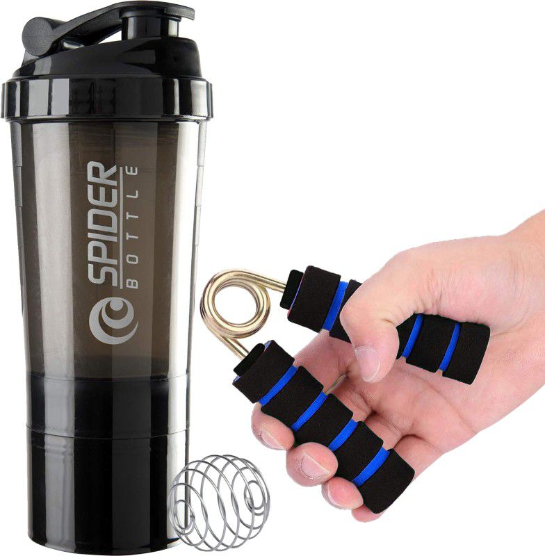 TRUE INDIAN Premium Combo Of Gym Shaker Bottle for Protein Shake with Mini Hand Gripper 500 ml Shaker  (Pack of 2, Black, Tritan)