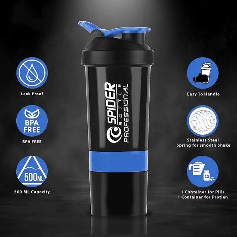 Kashyap Enterpries Shaker Bottle, 100% Leak proof, BPA-Free Blender Bottle 500 ml Shaker  (Pack of 1, Black, Blue, Plastic)