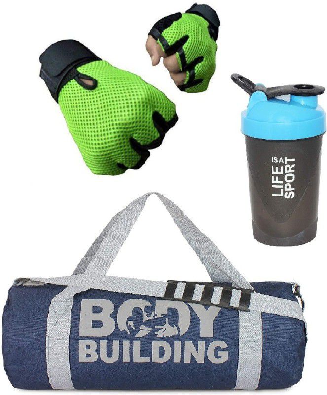 AV Brands New Version Premium Sports Combo of Body Building Bag, gym gloves green and gym bottle life is a sport blue gym and gym accessories Fitness Accessory Kit Kit