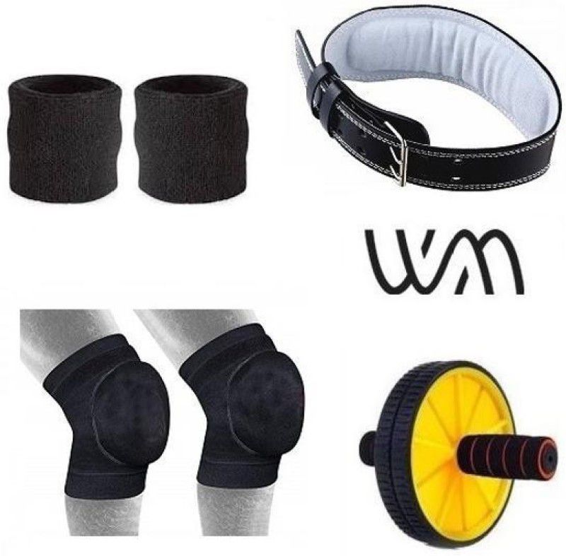 Web Mall Medium Geniune Leather Weight Lifting Belt With AB Roller,One Pair Sweat Bands & One Pair Padded Knee Caps Unisex Fitness Accessory Kit Kit