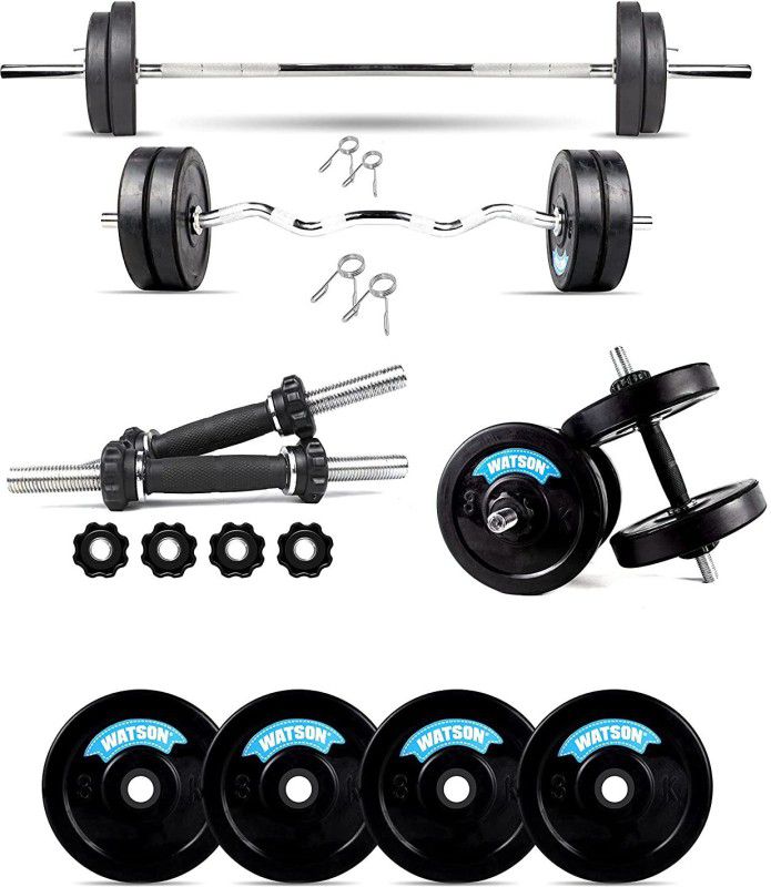 Watson 12 kg Rubber Plates Home Gym Combo Workout equipments (3kg x 4 = 12 kg) Weight, 3ft Curl Rod, 5 feet Straight Barbell, 2 x 14 Inches Dumbbell Set Rod Rubber Grip, Complete Gym Set Home Gym Combo