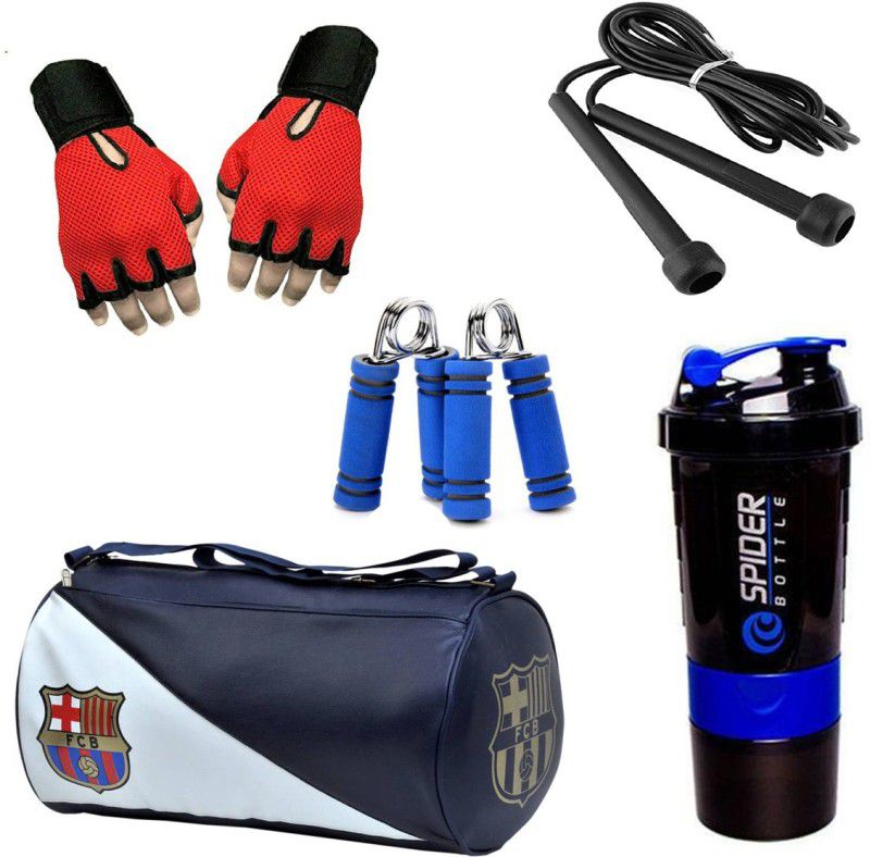 Rocket Sales Combo Of FCB Gym Bag, Gloves(Red), Spider Shaker(Blue), Skipping Rope(Black) And Hand Gripper(Blue) Fitness Accessory Kit Kit