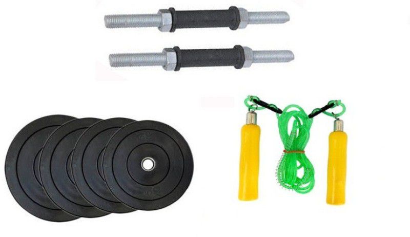 YUKI ONLINE SERIES : NICKLE DUMBELL RODS , 4 KG ( 1 KG X 4 ) WEIGHT PLATES , WOODEN HANDLE SKIPING ROPE Dumbbell Kit Kit