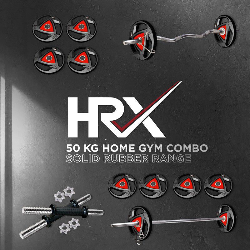 HRX 50 kg Professional Metal Integrated Rubber Plates Kit Set with 3 Ft Curl, 5 Ft Plain and One Pair Dumbbell Rods Home Gym Combo