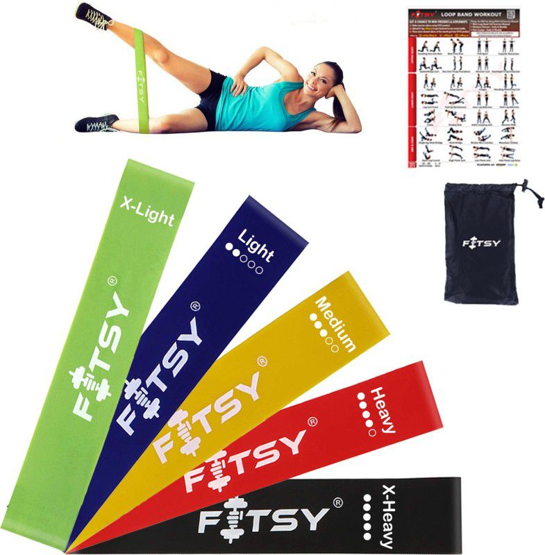 FITSY 12 Inch Exercise Resistance Loop Bands - Set of 5 With Carry Pouch Resistance Band  (Red, Green, Blue, Black, Yellow, Pack of 5)