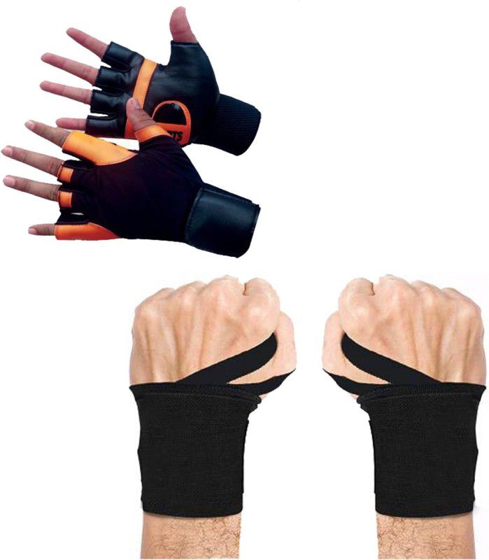 GymWar Combo of Workout Gloves with Wrist Support + Wrist Support With Loop Band Gym & Fitness Gloves  (Orange)