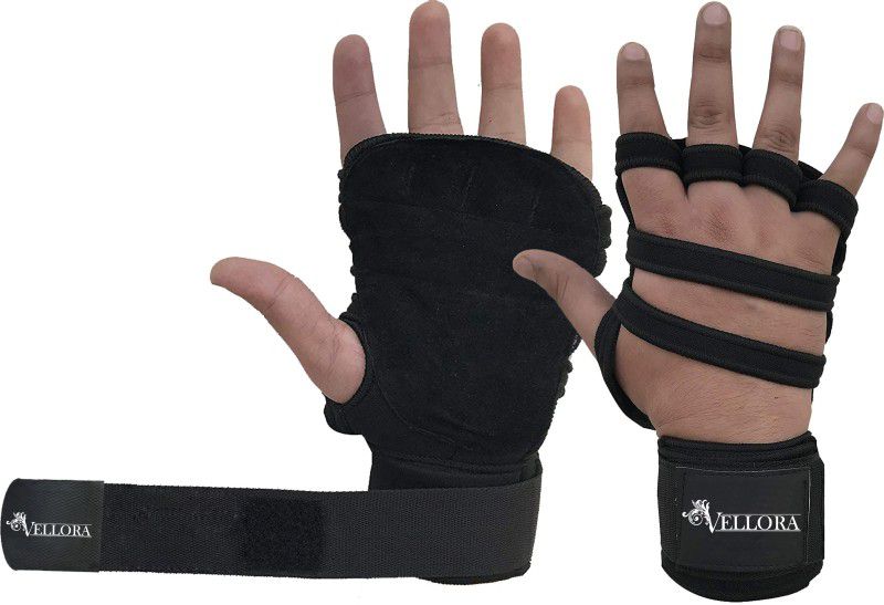 Vellora Leather Netted With Wrist Support Gym & Fitness Gloves  (Black)