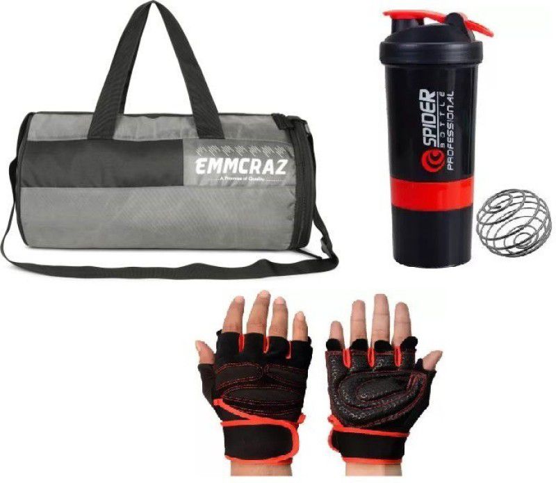 EMMCRAZ shoes compartment gym bag with spider bottle and fitness gym gloves  (Kit Bag)
