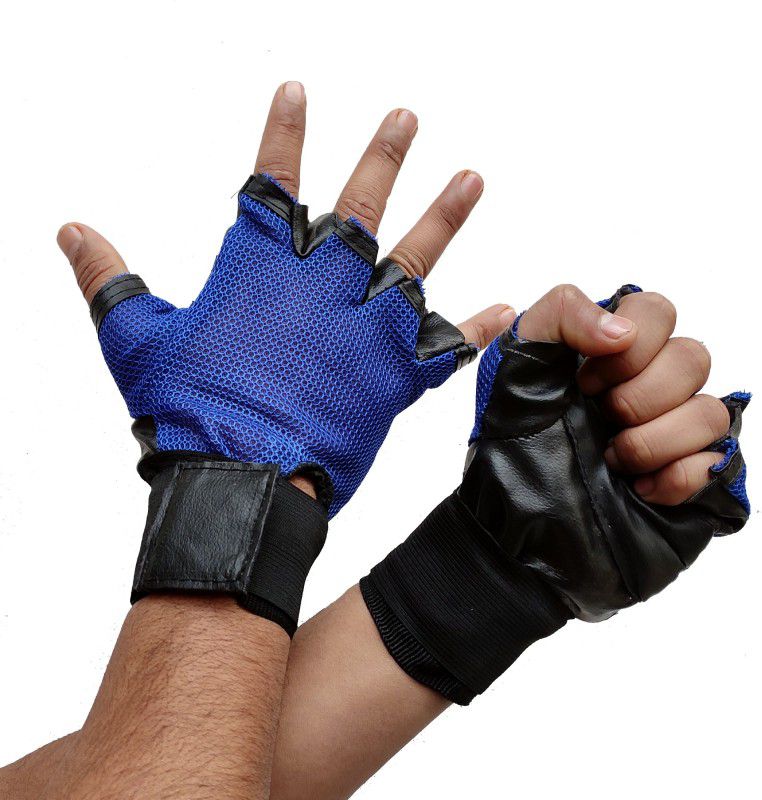 DreamPalace India GYM GLOVES, Gloves for gym, Leather Gym Gloves, Wrist Support, Workout Gloves Gym & Fitness Gloves  (Blue, Black)