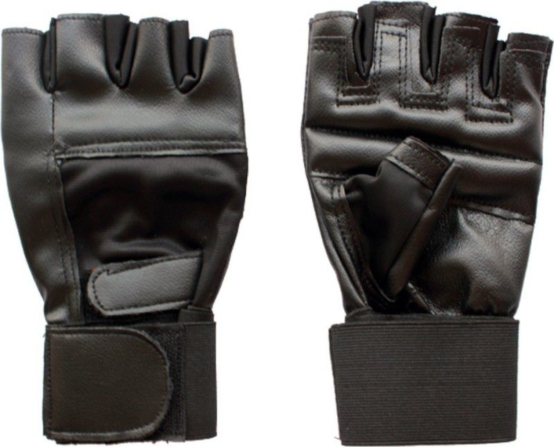Hipkoo Sports Leather with wrist Band Gym & Fitness Gloves  (Black)