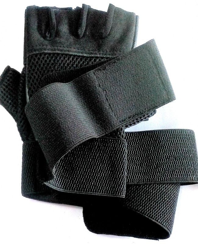 MK Gloves With Strong Wrist Support Strap – Padded Black Leather Gym Gloves - Enhanced Grip - For Men & Women Who Want to Achieve More in the Gym Gym & Fitness Gloves  (Black)
