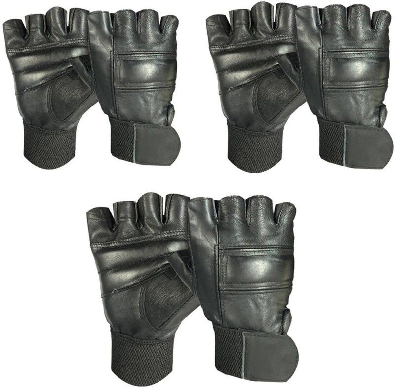 Snipper Full Leather Netted Wrist Support Gloves (Black) Pack of 3 Gym & Fitness Gloves  (Black)