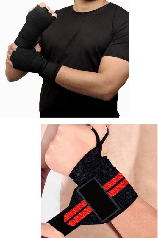 BMTRADING COMBO 2 WRIST SUPPORTS BAND & HAND WRAP GLOVES Gym & Fitness Gloves  (Red, FULL BLACK)