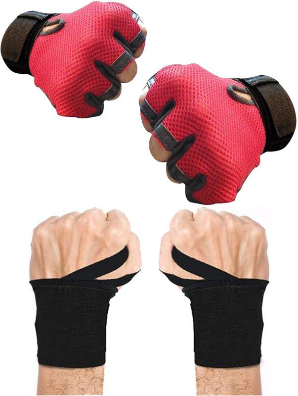 GymWar Combo of Gym Sporting Gloves with Wrist Band + Wrist Support With Thumb loop Gym & Fitness Gloves  (Red)