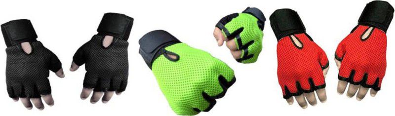 DreamPalace India GYM GLOVES, Gloves for gym, Leather Gym Gloves, Wrist Support - Combo Gym & Fitness Gloves  (Black, Green, Red)