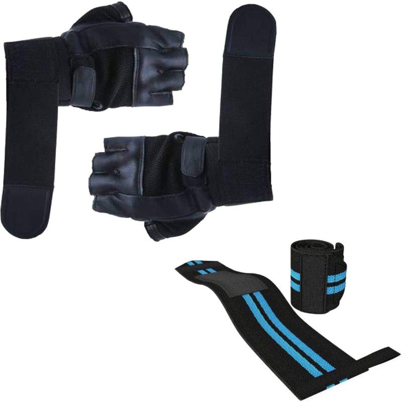 GymWar Combo of Leather Weightlifting Fitness Gloves + Wrist Support With Thumb loop Gym & Fitness Gloves  (Black)