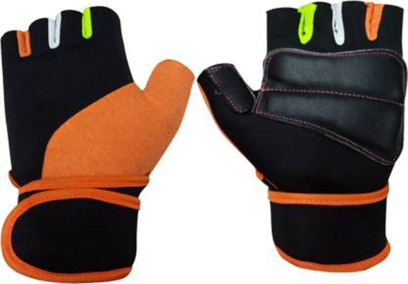 ENTIRE Lycra with leather Half Finger Gym Gym & Fitness Gloves  (Orange, Black)