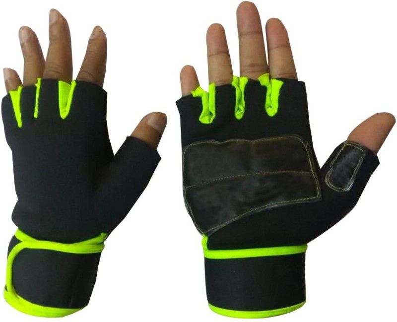 ENTIRE Lycra with Leather Half Finger Gym & Fitness Gloves  (Green, Black)