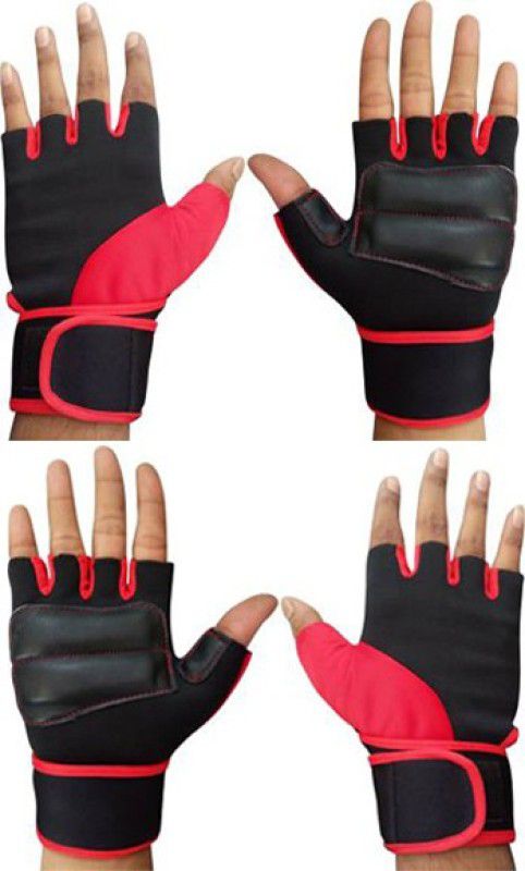 ENTIRE Combo Pack of 2 Lycra with Leather Finger Cut Gym Gloves Gym & Fitness Gloves  (Red Black)