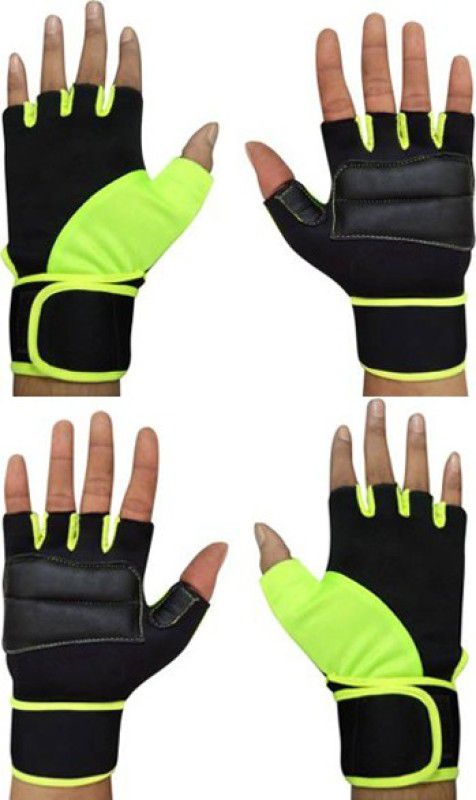 ENTIRE Combo Pack of 2 Lycra with Leather Finger Cut Gym Gloves Gym & Fitness Gloves  (Green Black)