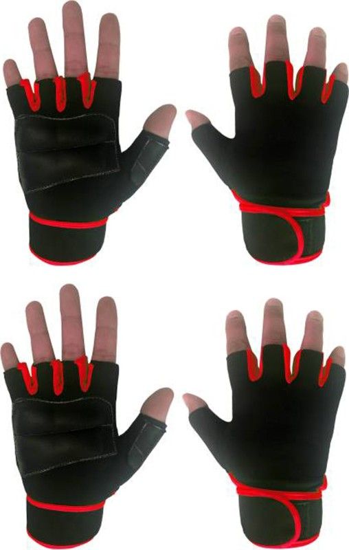 ENTIRE Pack of 2 Lycra with Leather Half Finger Gym & Fitness Gloves  (Red, Black)