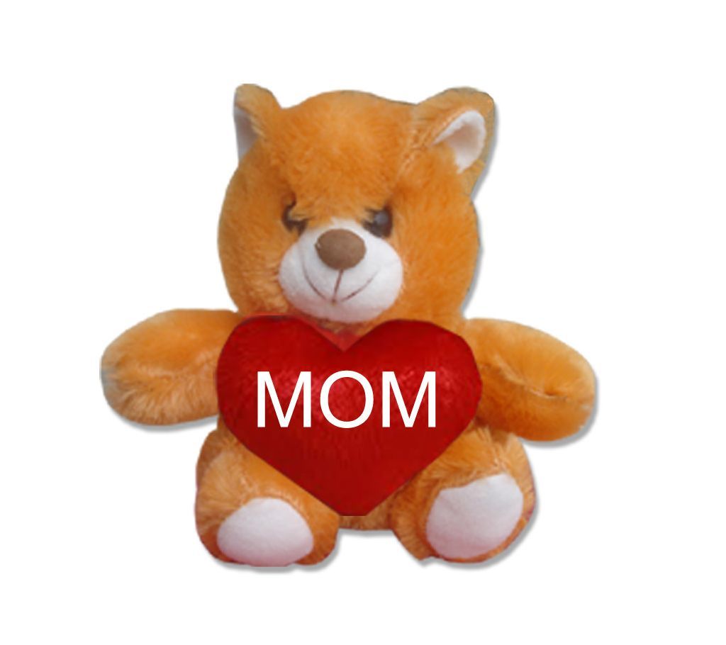 Brown color Teddy bear with red heart and the text "MOM"