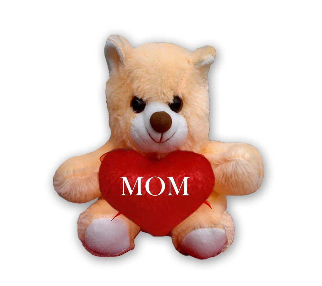 Off white Teddy bear with red heart and the text "MOM"
