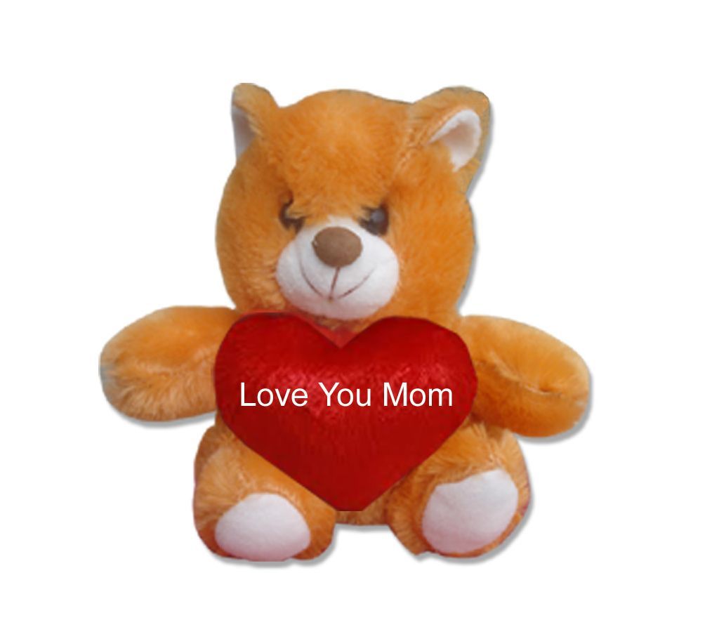 Teddy bear with red heart and the text "Love You Mom"