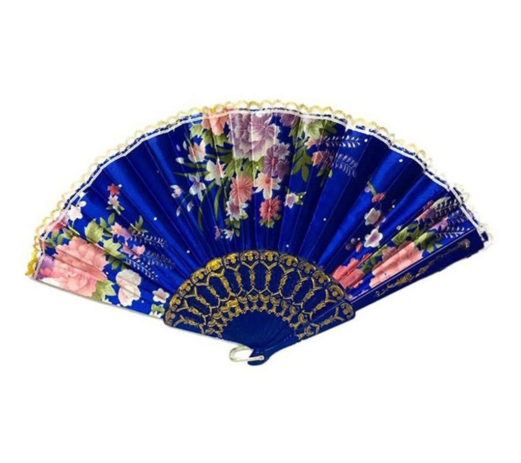 Chinese Folding Hand Fan - Blue Flower Fabric Lace