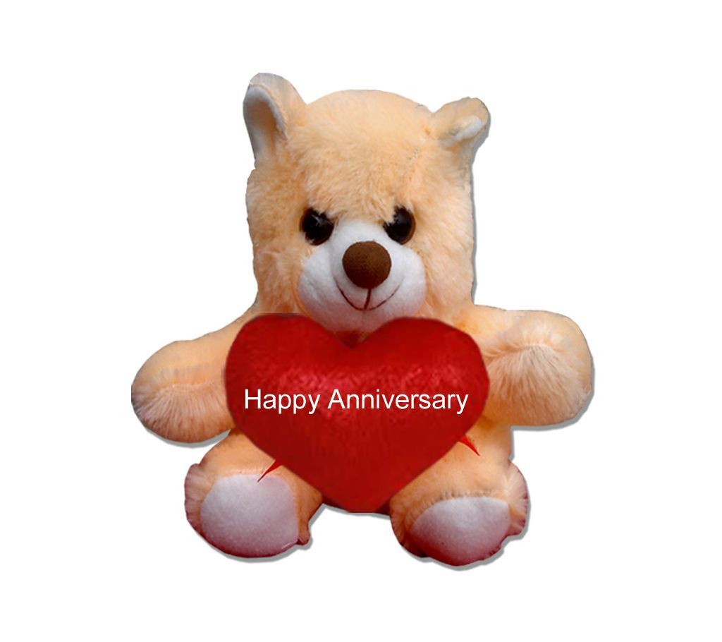 Off white color Teddy bear with red heart and the text "Happy Anniversary"