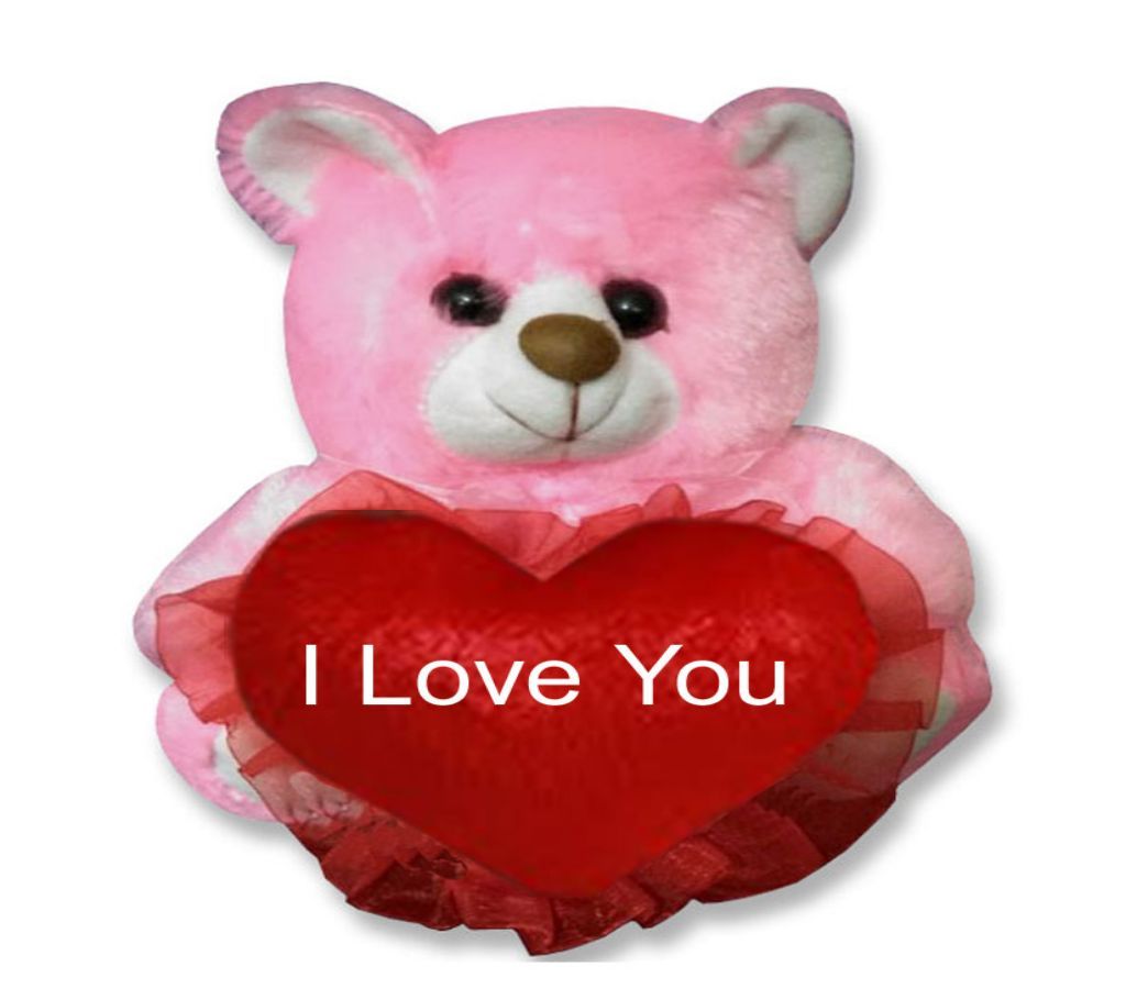 Pink color small teddy bear with red hear and text "I Love You"