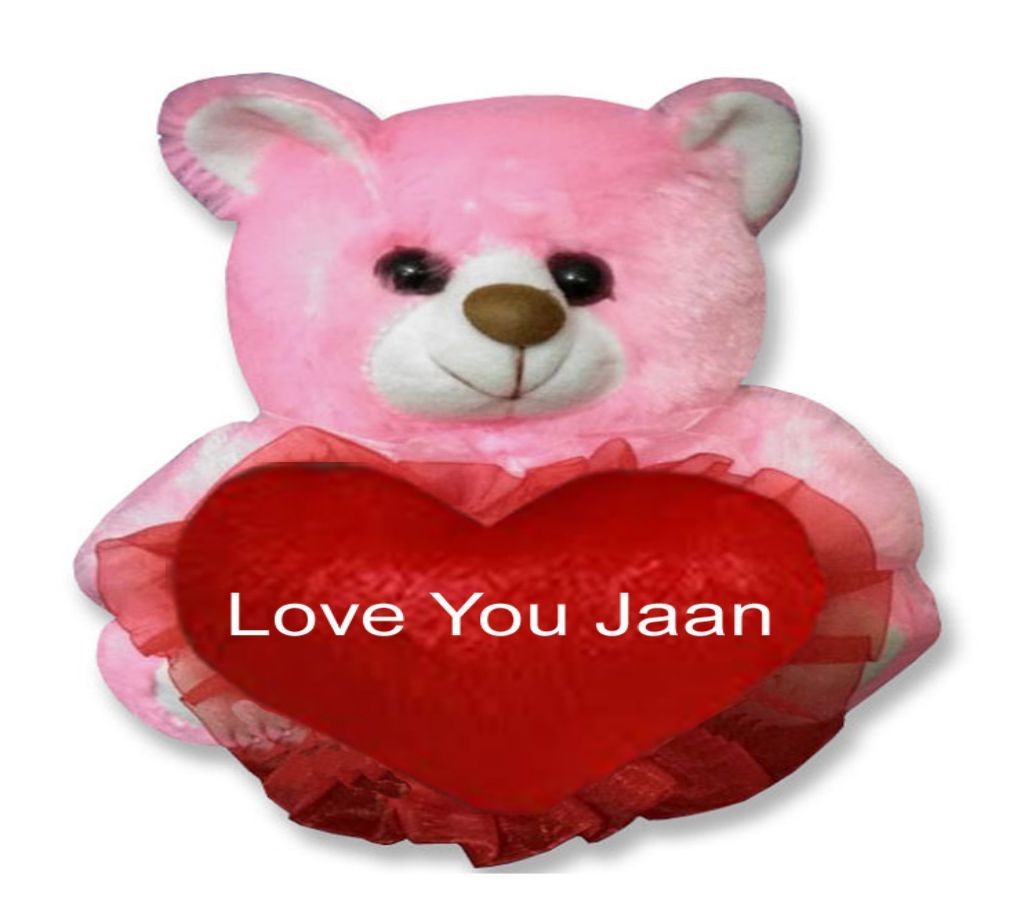 Pink color small teddy bear with red hear and text "Love You Jaan"