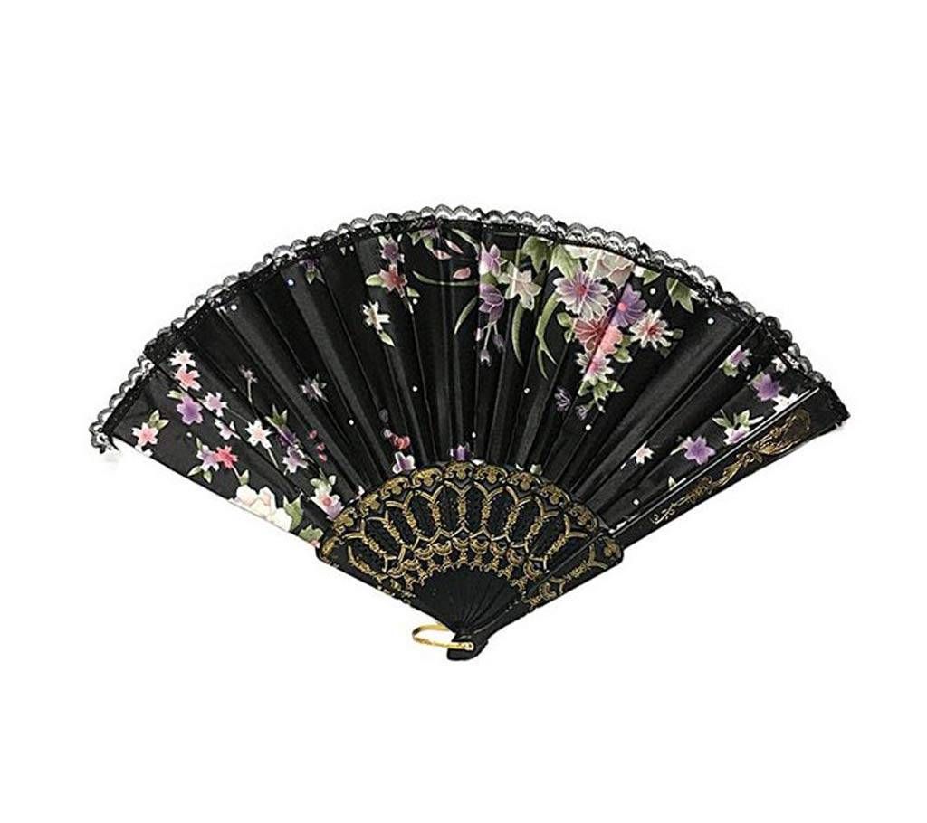 Black Flower Fabric Lace Pocket Fan 