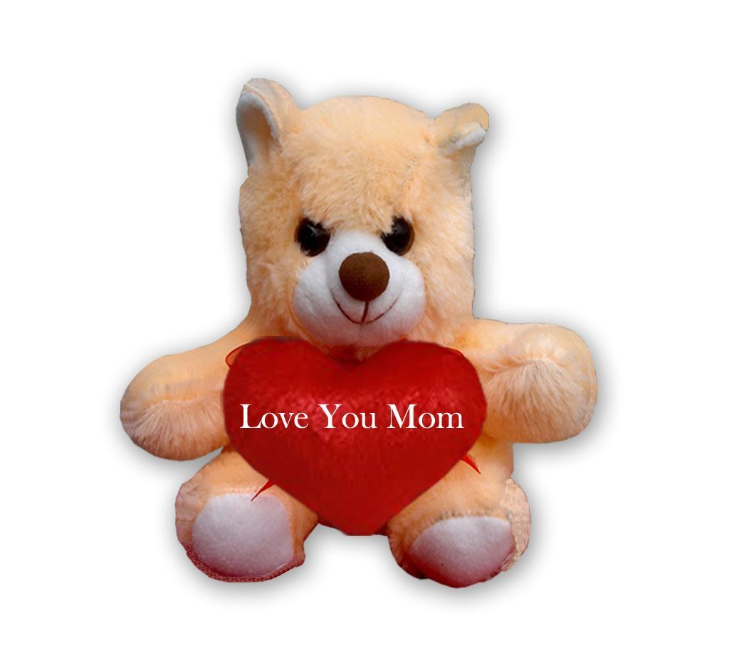 Off white Teddy bear with red heart and the text "Love You Mom"