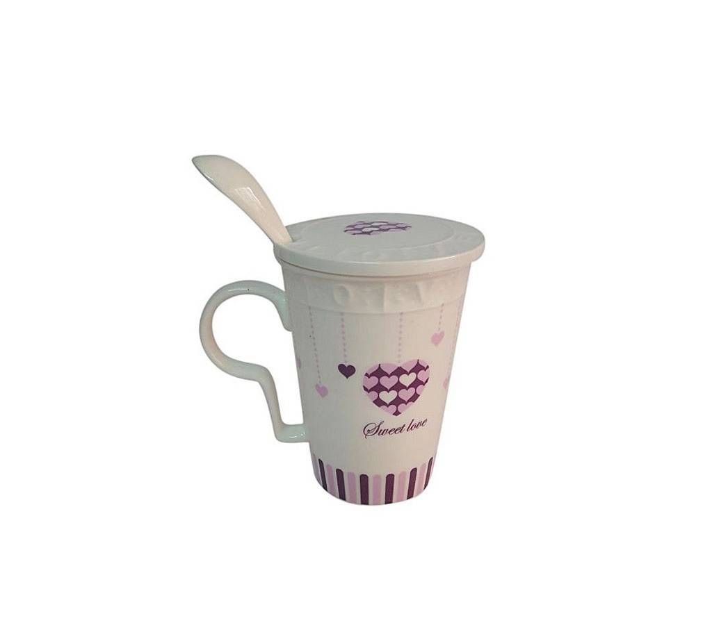 Sweet Love Ceramic Coffee Mugs with Spoon - Purple