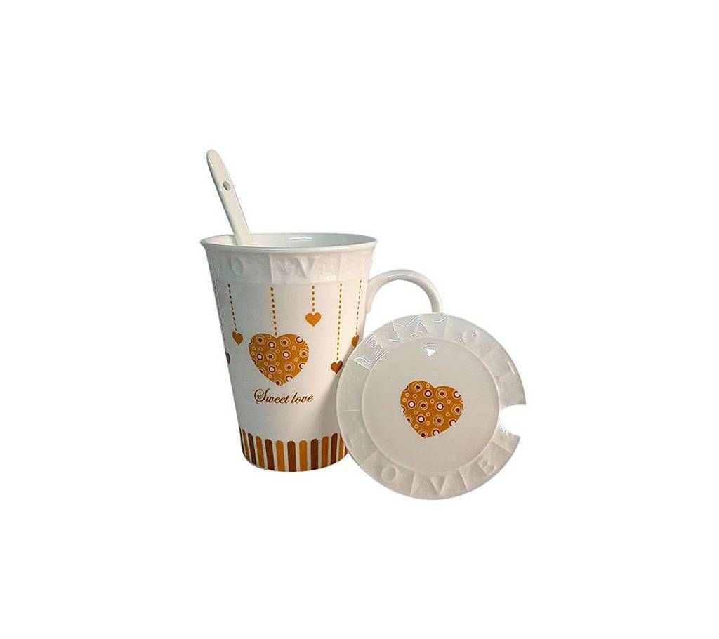 Sweet Love Ceramic Coffee Mugs with Spoon - Brown